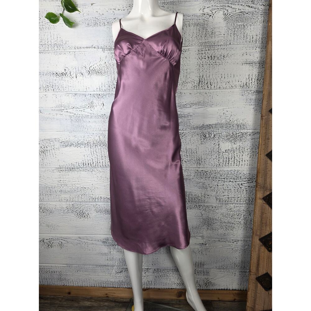 Vera Mauve Satin Lace-Up Back Midi Dress M Coquette Minimalist Slip Bridesmaid - Picture 6 of 11